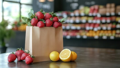Mockup blank template craft package filled with fresh fruits in a grocery store setting. Eco friendly