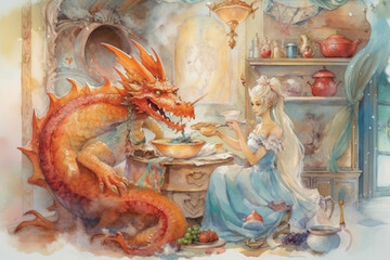 Fototapeta premium princess and dragon cooking, watercolor, illustration., watercolor style, 