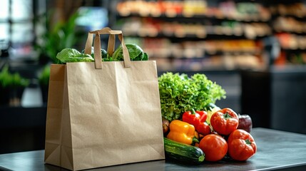 Mockup blank template craft package filled with vegetables in a grocery store setting. Eco friendly