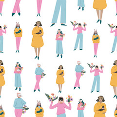 Seamles pattern. Cute girls are going to a costume party.  Flat illustration. Transparent background. Design placat, banner, card