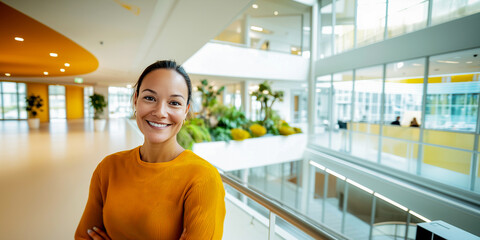 A confident professional woman smiling in a modern office with natural light, indoor plants, and contemporary design.