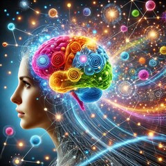 A conceptual illustration of a human head with a colorful, vibrant brain, symbolizing creativity, intelligence, and mental energy.