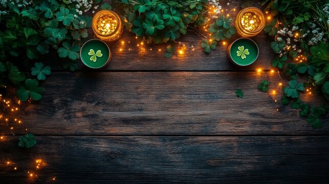 St. Patrick's Day green decorations with candles and greenery create a festive atmosphere for a celebration
