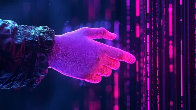 Human hand reaching through digital matrix display with purple neon data streams, Virtual reality interaction concept
