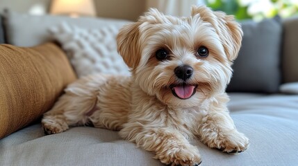 Adorable fluffy puppy lying on a couch, happy and playful.