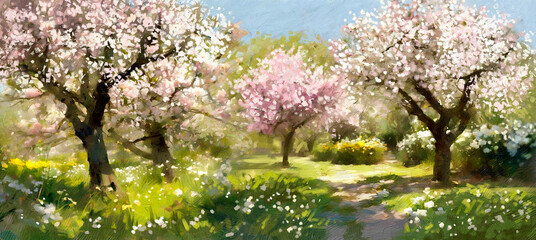 Spring in the garden, blooming cherry tree in spring, oil paintings landscape, fine art