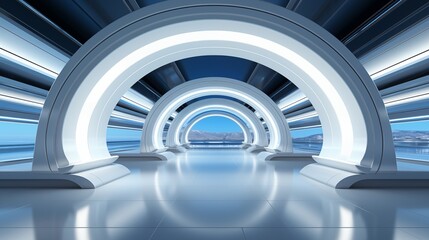 Fototapeta premium Abstract white tunnel, glowing light ring, futuristic sc-fi style empty room background, abstract modern design, product presentation, branding mockup, illuminated corridor