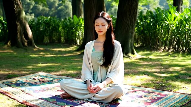 Young woman engaging in meditation practice amidst nature in a park