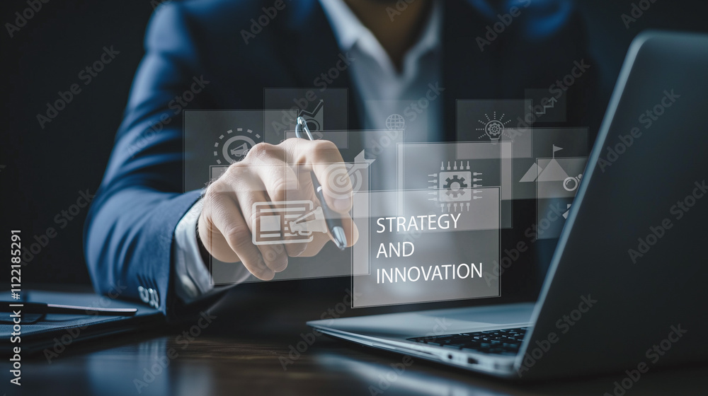 Poster strategy and innovation interface: a business professional uses a digital display to navigate strate