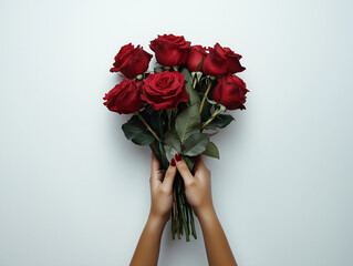 Holding a bouquet of red roses before a plain white background during a special occasion or celebration