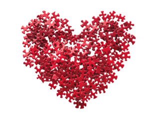 Red puzzle pieces arranged in a heart shape symbolize love and connection during a creative activity