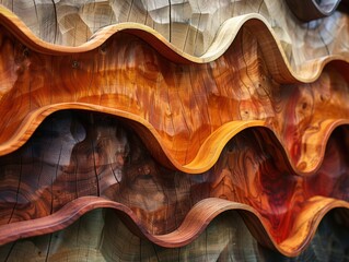 Obraz premium Abstract Wooden Wall Art Handcrafted Wave Design Rich Textures Brown and Red Tones Interior Decor