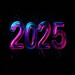 new year  2025 with 3D glow in black background ai generative