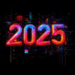new year  2025 with 3D glow in black background ai generative