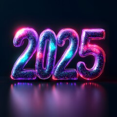 new year  2025 with 3D glow in black background ai generative