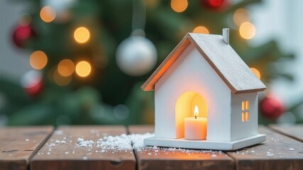 white ceramic house on new year festive background