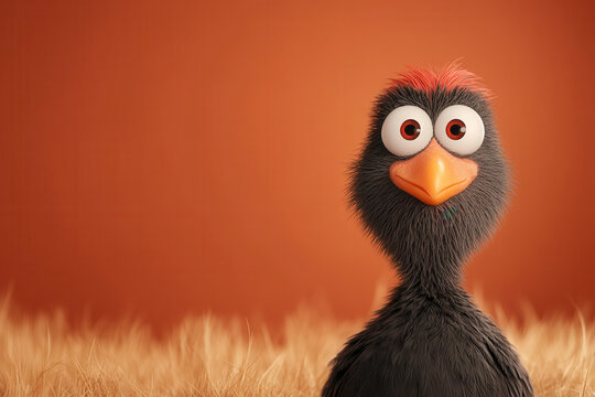Humorous cartoon-style bird with quirky expression on orange background, surrounded by dry grass