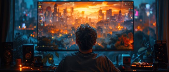 Man Playing Immersive Video Game on Large Monitor Futuristic Cityscape