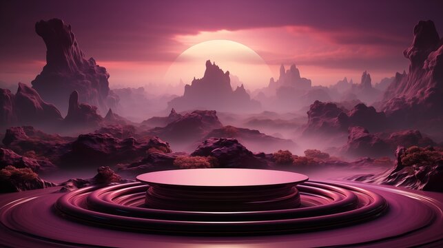 Beautiful purple background with pedestal and showcase. 3d rendering