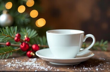 Fototapeta premium Christmas mockup white coffee/tea cup on table and branches Christmas tree wreath and Christmas background. Mug template for your design