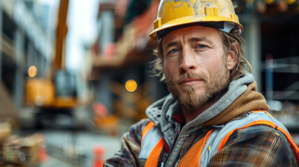 Fototapeta premium Man in a hard hat and orange vest is standing in front of a construction site