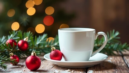 Fototapeta premium Christmas mockup white coffee/tea cup on table and branches Christmas tree wreath and Christmas background. Mug template for your design