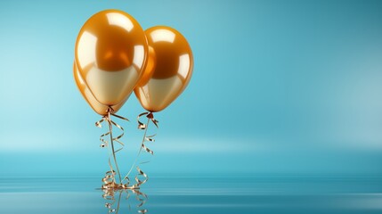 Blue and gold flying balloon on light blue background created