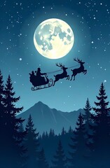Naklejka premium Silhouette of reindeer flying in a sleigh with Santa Claus against a full moon over a pine forest.
