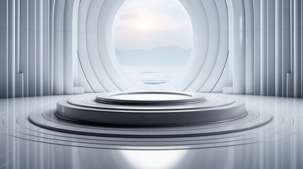 Obraz premium A Beautiful silver white background with pedestal and showcase. 3d rendering