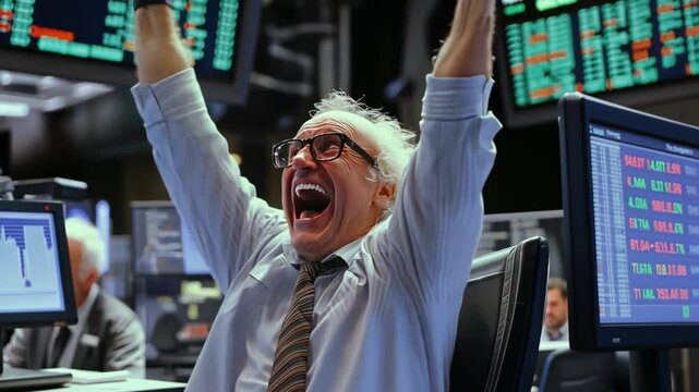 Stock Trader's Euphoria: A senior trader, in the midst of a bustling financial exchange, screams in joy, arms raised in victory, embodying the thrill of a successful trade.  