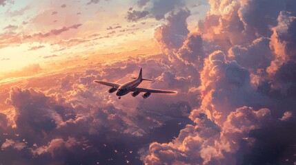 Naklejka premium An airplane soaring through a clear sky filled with soft white clouds.