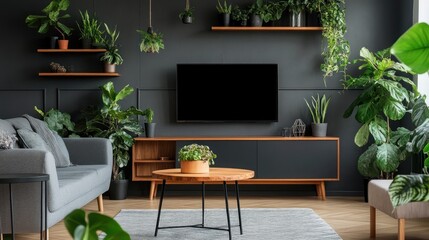 Fototapeta premium Modern living room with dark walls, grey sofa, wooden media console, plants, and TV.