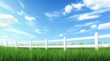 Fototapeta premium A vibrant scene of green grass and a white fence under a clear blue sky.