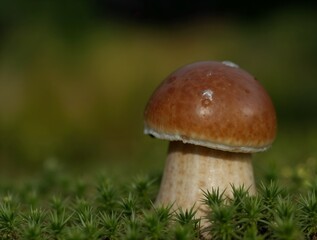 A single boletus mushroom with a rich brown cap and thick stem stands on lush green moss. The background is softly blurred, emphasizing the mushroom.