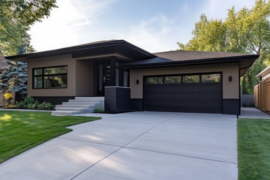 Modern Craftsman in taupe with black accents, front-facing angle with a sleek concrete driveway.