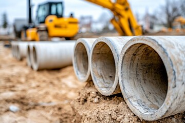 Concrete stormwater pipes at construction sites, used for water management and infrastructure projects.