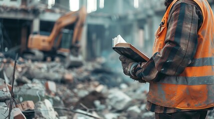 Obraz premium Construction Worker Reading a Book amidst Debris