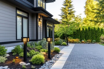 Modern gray Craftsman with black trim, side angle showing a driveway with modern paving stones and garden lights.