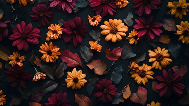 Wilted autumn flowers like marigolds and chrysanthemums arranged in a scattered pattern - Powered by Adobe