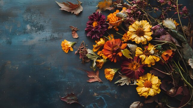 Wilted autumn flowers like marigolds and chrysanthemums arranged on the right side