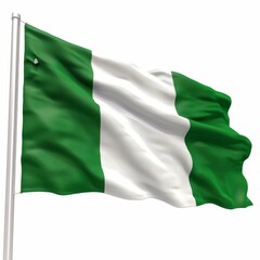 Nigeria flag waving over a white background, showcasing the green and white vertical stripes with