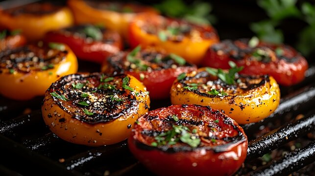 Close up of charred colorful pepper slices resting dynamically on a grill plate with fresh herbs adding visual interest