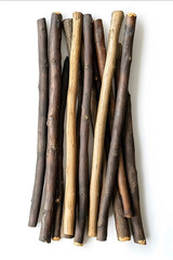 A carefully arranged woodpile with long slender logs creating a visually pleasing and organized rustic look isolated White Background and centered image