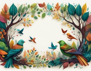Square frame made of trees, leaves and birds, colored ink