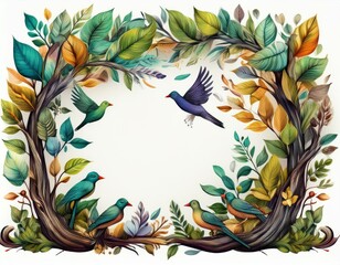 Square frame made of trees, leaves and birds, colored ink