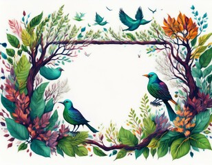 Square frame made of trees, leaves and birds, colored ink