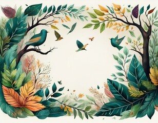 Square frame made of trees, leaves and birds, colored ink
