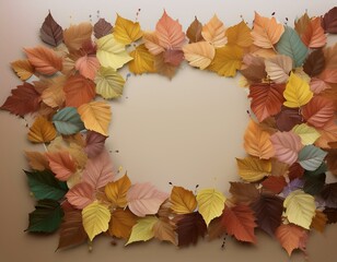 a group of tiny autumn leaves in shape of square. spacious empty copy space in the center.