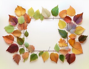 a group of tiny autumn leaves in shape of square. spacious empty copy space in the center.