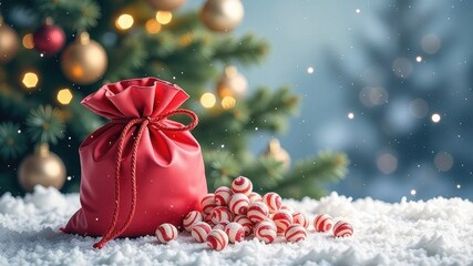 Red bag with gifts against the backdrop of a Christmas tree on a winter holiday background.